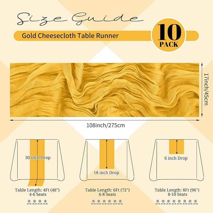 10 Pack Gold Cheesecloth Table Runner 17x108 Inch Boho Gauze Cheese Cloth Table - Image 2