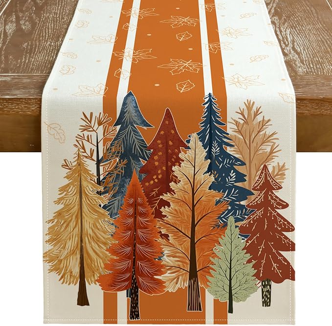 Fall Watercolor Tree & Maple Leaves Striped Table Runner 13x36 Inch, Rustic by GEEORY