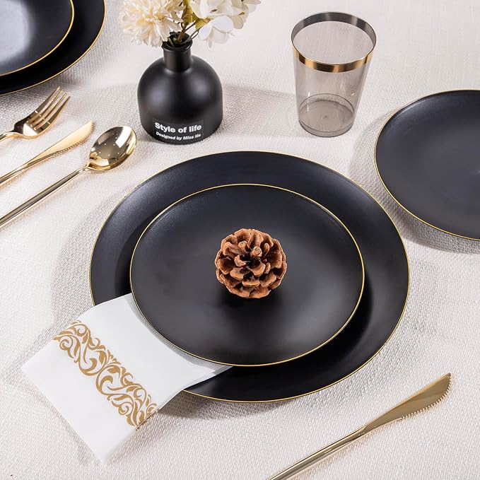 EI 350Pcs Black and Gold Matte Frosted Plastic Plates Disposable Heavy Duty - Image 6