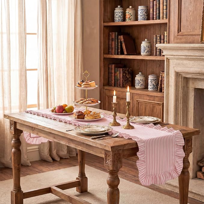 HunnmingRe Ruffle Trim Boho Table Runner Farmhouse Rustic Stripes Scalloped - Image 9