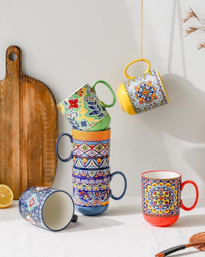 HENXFEN LEAD Boho Ceramic Coffee Mugs Set of 6, 14 oz | Assorted Patterns - Image 3