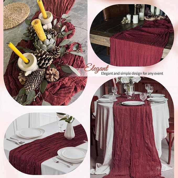 12 Pcs Burgundy Christmas Cheesecloth Table Runner 10Ft, Gauze Table Runners - Image 2