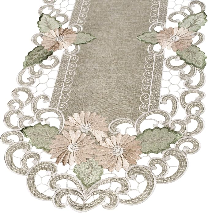 Embroidered Gold Daisy Fleur Latte Table Runner, Dresser Scarf, Coffee Table - Image 4