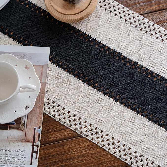 Macrame Table Runne Beige and Black Boho Runners - Image 4