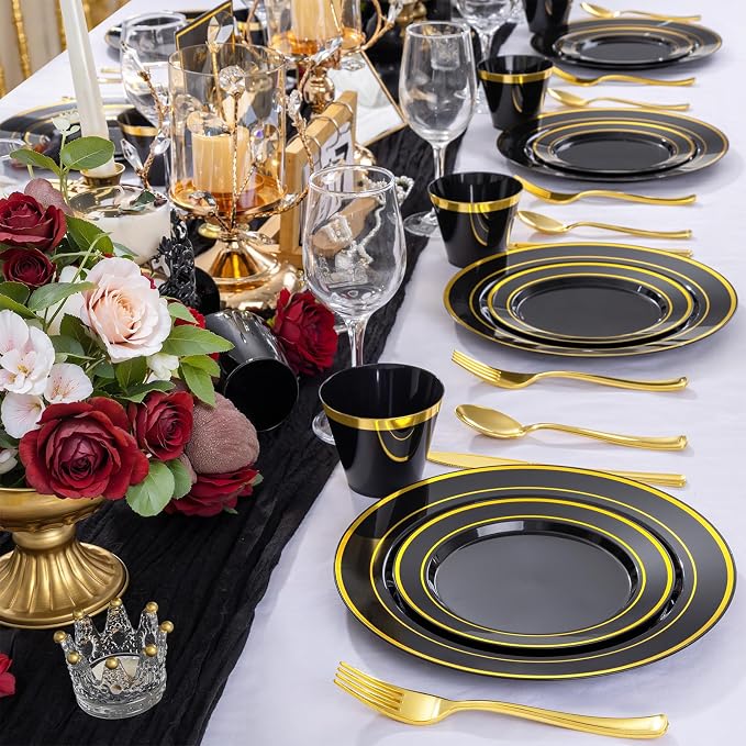 WELLIFE 600 PCS Black Gold Disposable Dinnerware Set - Image 2