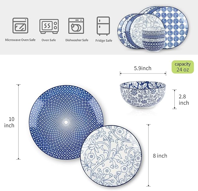 Selamica Ceramic Dinnerware Sets, Vintage Blue | Scratch Resistant Dishes set - Image 2