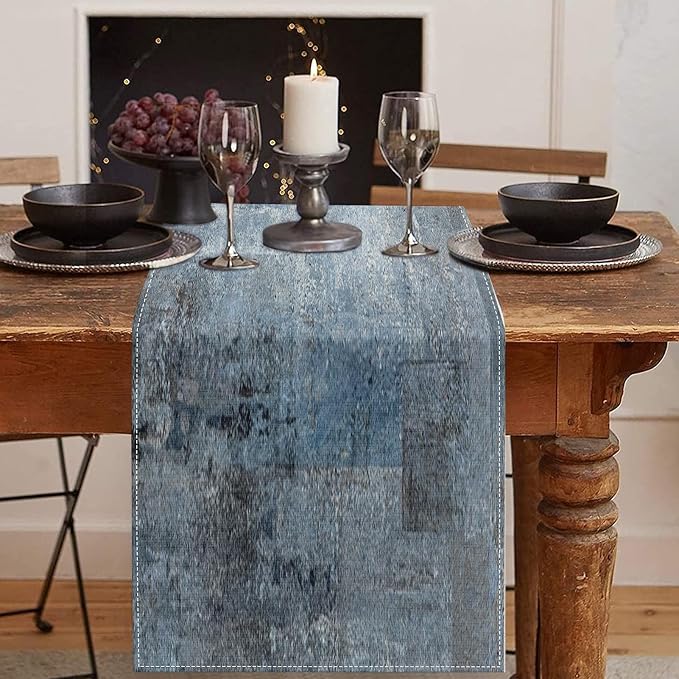 Emvency Table Runner, 13x90 Inch, Farmhouse Abstract Denim | Blue Art Painting by Emvency