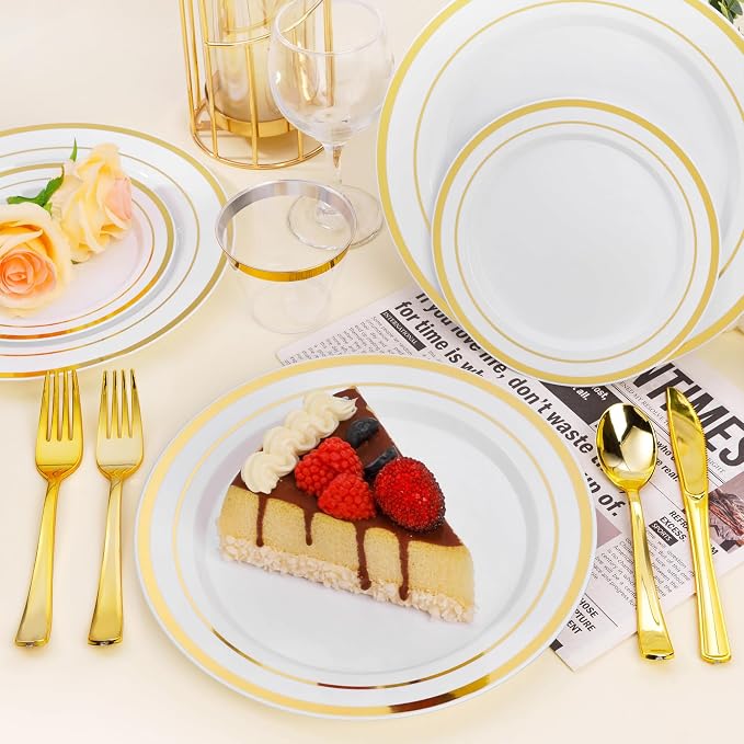 BESTSTAR 7 Inch White with Gold Rim Plastic Plates | 100PCS Disposable - Image 4
