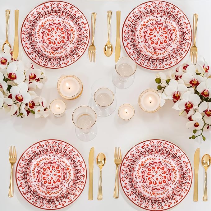 Red Plastic Plates, Floral Disposable Plates, 10.25" dinner & 7.5" dessert - Image 3