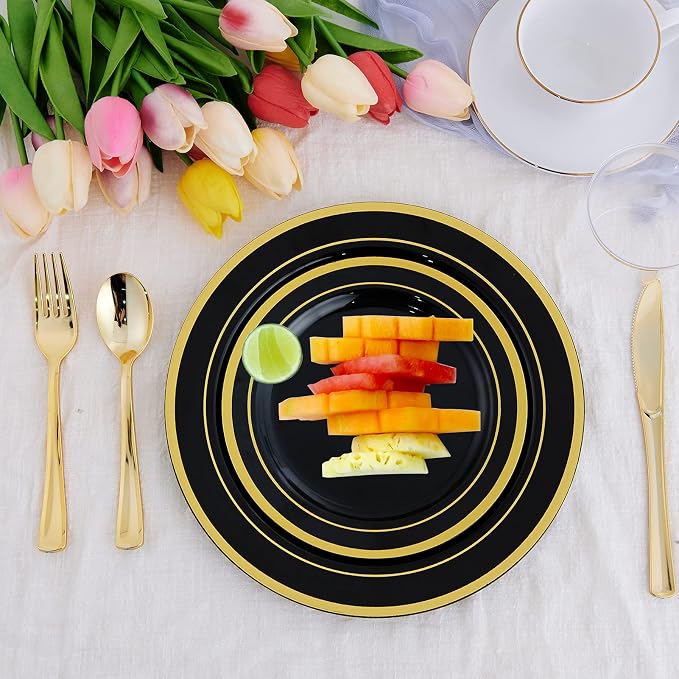 25 Guests Plastic Plates Set Gold Disposable Dinnerware Set | Include 25 Pc 10" - Image 3