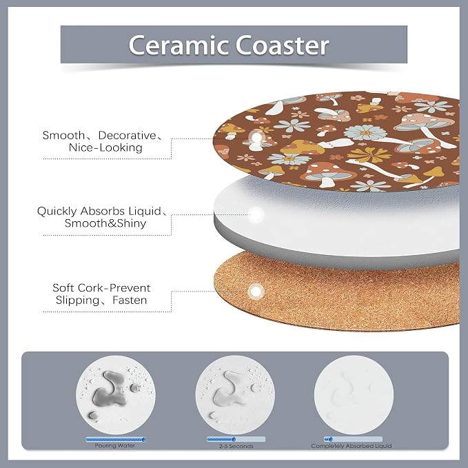 6 Pcs Coasters for Drinks with Holder, Retro Mushrooms Berries and Bugs - Image 3