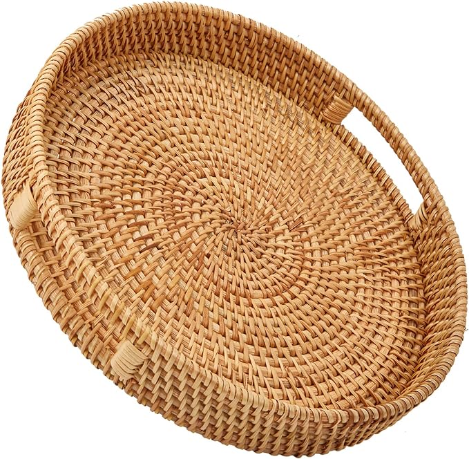 Round Rattan Serving Tray with Handles, Hand Woven Basket, Home Decor Organizer by Whalehub