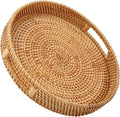Round Rattan Serving Tray with Handles, Hand Woven Basket, Home Decor Organizer by Whalehub