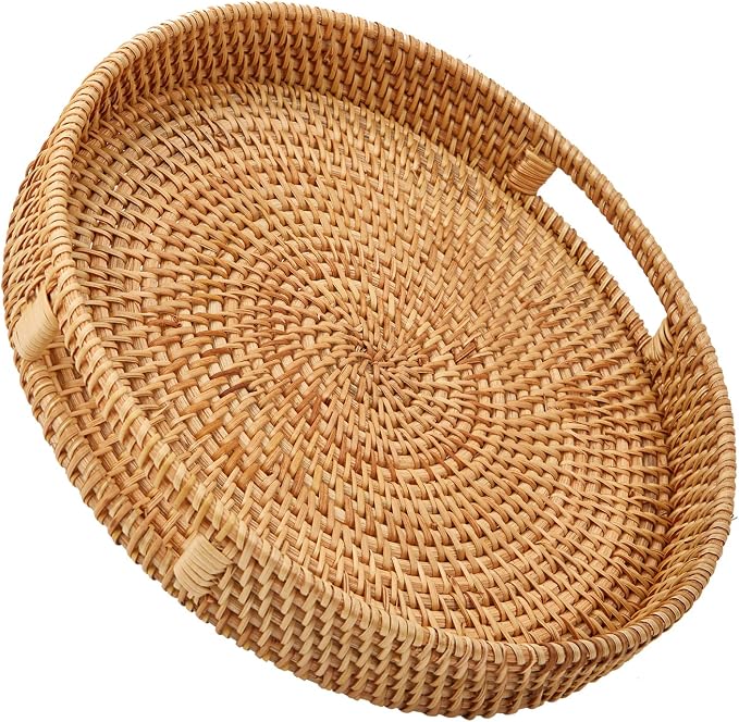 Round Rattan Serving Tray with Handles, Hand Woven Basket, Home Decor Organizer by Whalehub