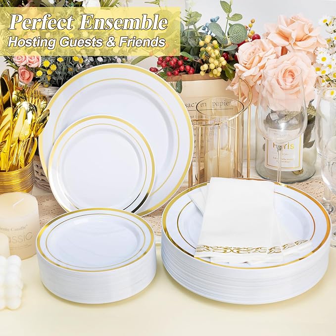 BESTSTAR 200PCS Gold Plastic Plates White and Gold Disposable Plates | 100 - Image 3