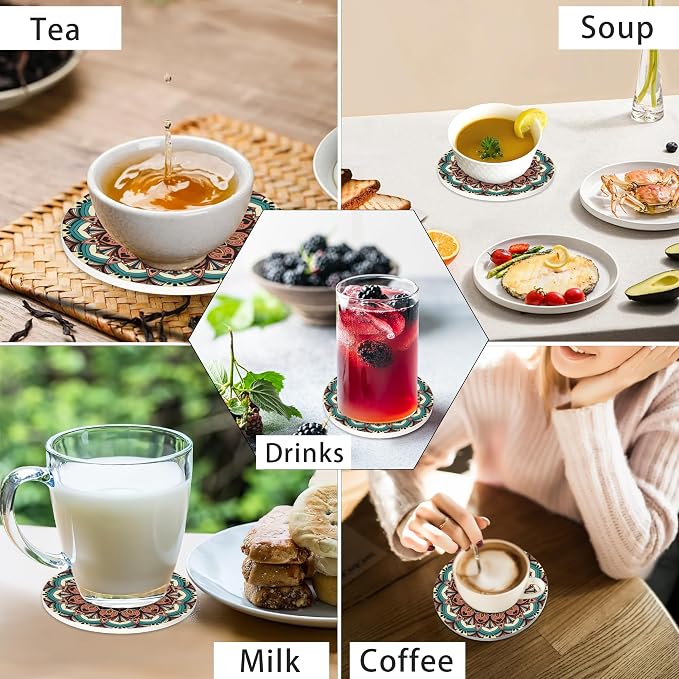 Drink Coasters for Drinks Set of 6, Mandala Absorbent Round Ceramic Stone Mat - Image 7