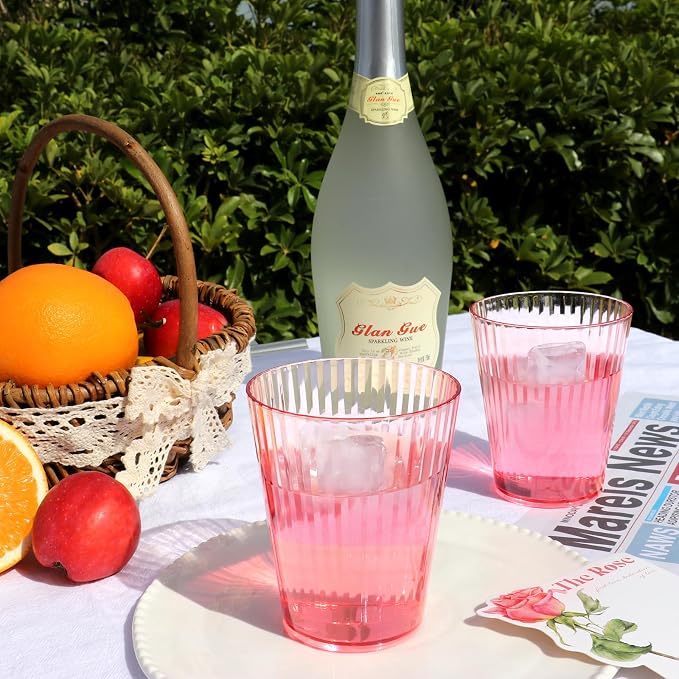 12 PCS Plastic Ribbed Drinking Glasses Pink 10oz Vintage Ripple Stemless Wine - Image 4