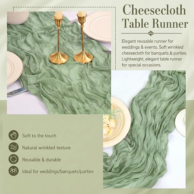 12 Pack Sage Green Cheesecloth Table Runner 17x108 Inch Boho Rustic Semi Sheer - Image 6