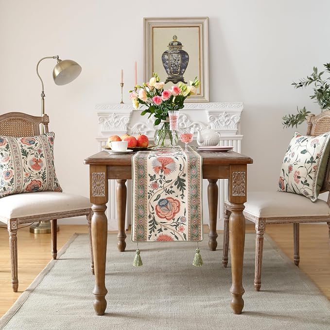 Designer Vintage Linen Long Table Runner, Floral Pattern, Dining Table - Image 3