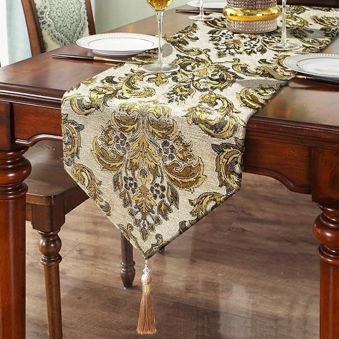 Large Dinner Table Runner Jacquard Chenille Floral Tablecloths Beige 120" | by HeMiaor