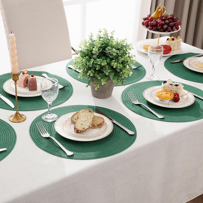 SHACOS Dark Green Round Placemats Set of 6 Cotton Polyester Braided 15 inch - Image 8