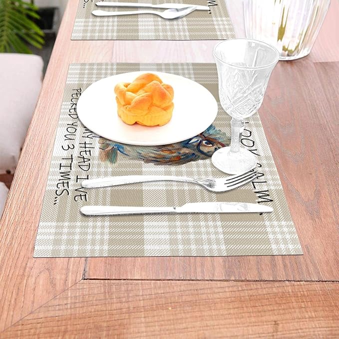 Funny Owl Placemats Set of 4, Cute Buffalo Plaid Table Mats, Heat Resistant - Image 2