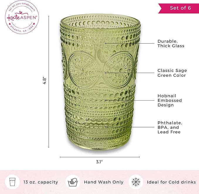Kate Aspen Hobnail Beaded Floral Green Drinking Glasses Set of 6, Vintage - Image 6