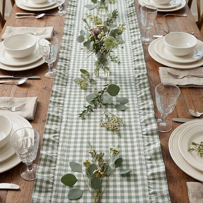 HunnmingRe 1 Pc Gingham Table Runner Green, 72 X 13.8 Inch | Cotton Dresser - Image 3