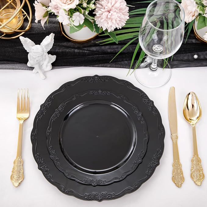U-QE 100PCS Black Plastic Plates, Heavy Duty Black Plates Including 50PCS 10'' - Image 8
