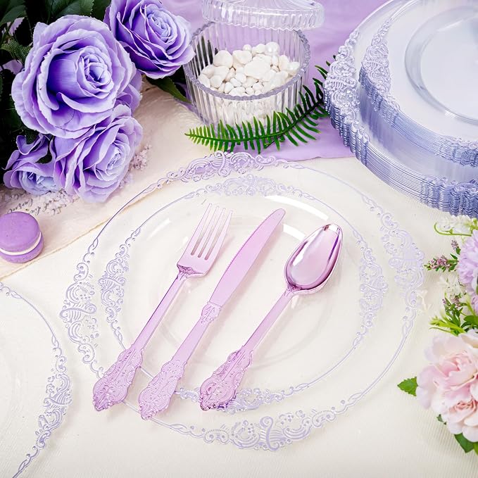 175 Pcs Clear Purple Plates for Party | Party Plates Set for 25 Guests - Image 8