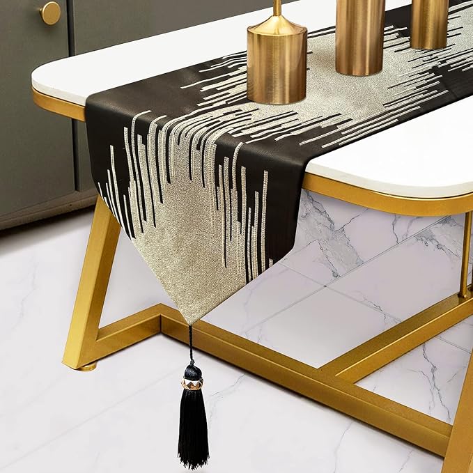 Luxury Black and Gold Table Runner 98 Inches Long, Modern Geometry Striped | by Fullony