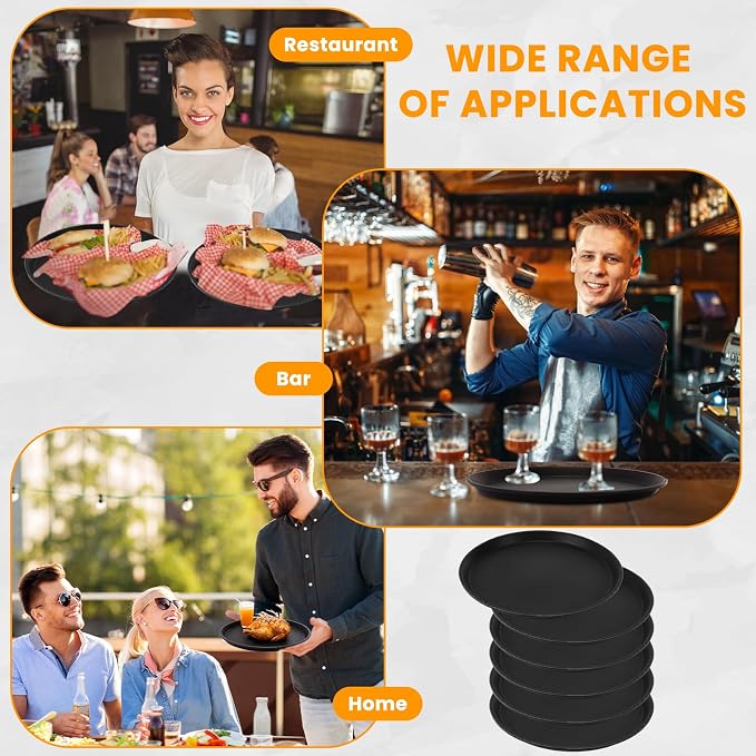 12 Pcs Black Restaurant Serving Trays Bulk Plastic Non Slip Surface Round Drink - Image 7