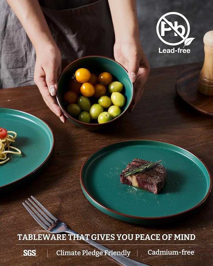 Famiware Mercury 24-Piece Stoneware Dinnerware Set, Dark Green | Plates and - Image 6