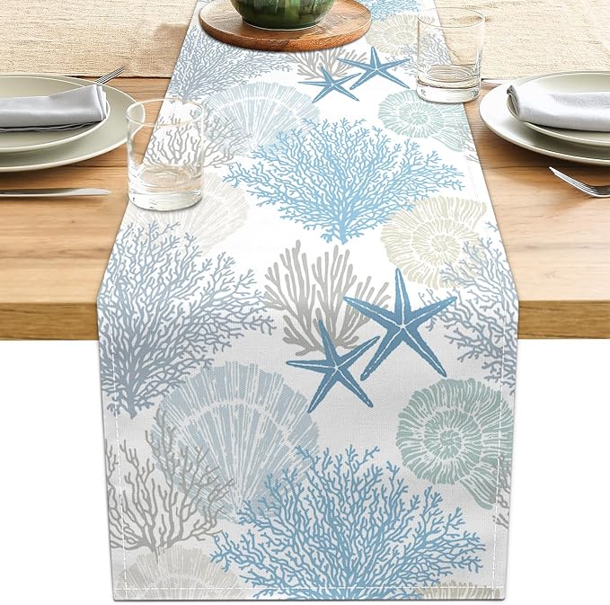 Coastal Table Runner 13x36 Inch Blue Summer Beach Nautical Table Runners Modern by LXXTK
