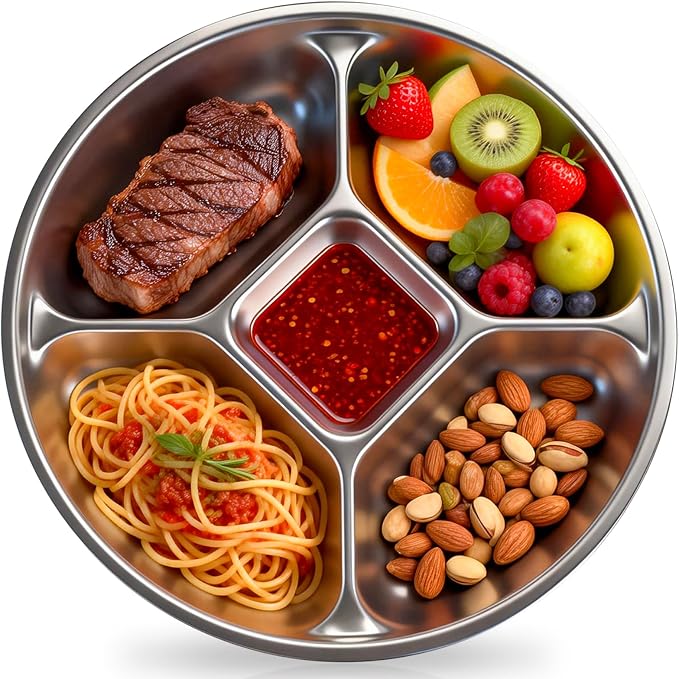 5 Compartments Stainless Steel Kids Plates | 8.8'' Round Metal Toddler Divided by YEJZXYHOMEKITCHENCONTAINE