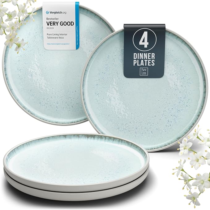 Stoneware dinner plates set 4 pcs – 10.2" beige & blue ceramic plates by PURELIVING