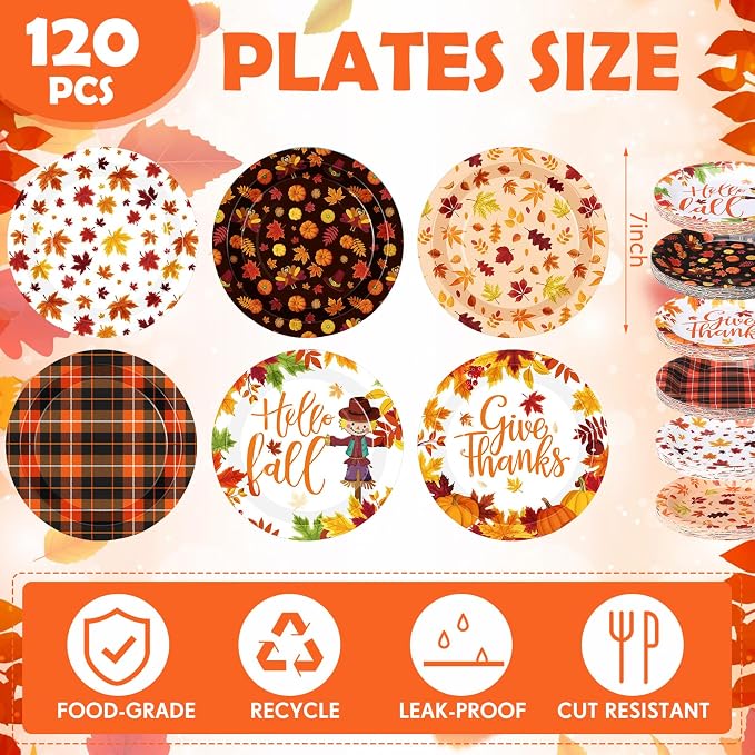 120 Pcs Fall Paper Plates 7 Inch Hello Fall Dessert Plates, Maple Leaves Dinner - Image 2