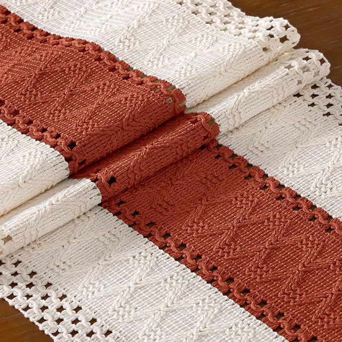 DeZerlor Boho Macrame Table Runner Terracotta Farmhouse Woven Small Table Runner - Image 5