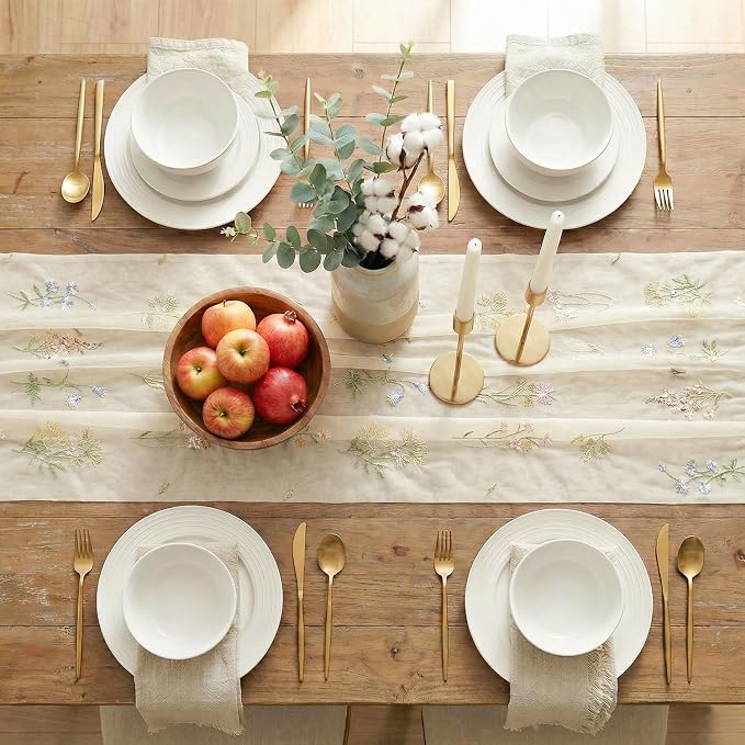 Artoid Mode 3PC Wildflower Floral Beige Apricot Gauze Embroidery Table Runner - Image 5