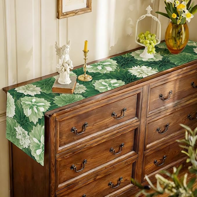Green Dahlia Flower Summer Table Runner Sage Green Burlap Table Runners - Image 5