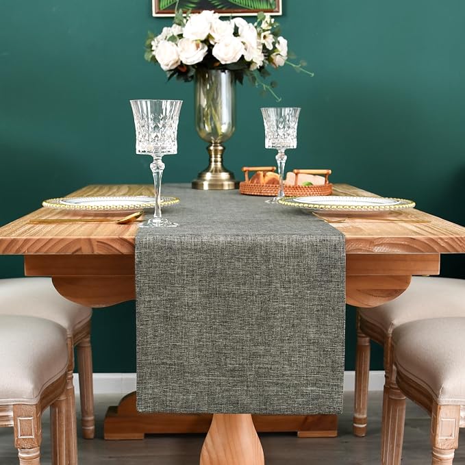 NEWISHER Farmhouse Rustic Faux Linen Dark Grey Table Runner 13x48inch | Dark - Image 3
