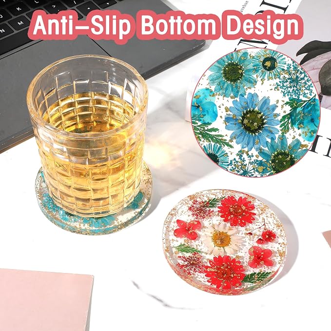 Amabro Dried Flower Drink Coasters, Floral Resin Drink Cup Mat Set of 2 - Image 4