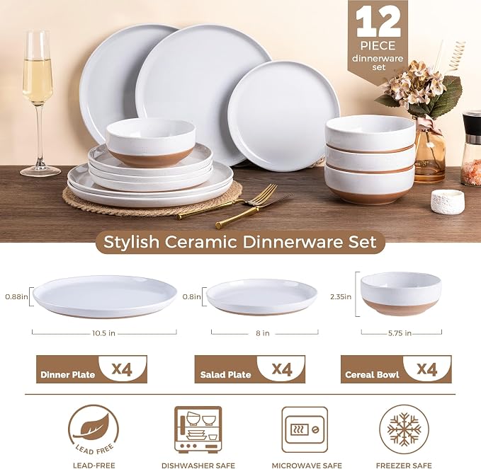 AmorArc Dinnerware Sets for 4, 12 Pieces Ceramic Plates and Bowls Set | Scratch - Image 3