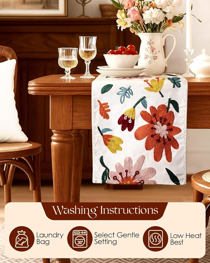 Canvas Embroidered Narrow 13"x 72" Table Runner, Colorful Flower | Exquisite - Image 4