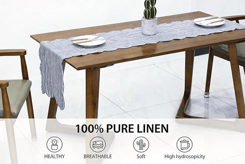 100% Natural Linen Rustic Scalloped Embroidery Table Runner 48 Inches, Linen - Image 2
