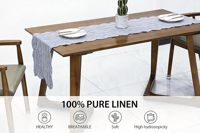 100% Natural Linen Rustic Scalloped Embroidery Table Runner 60 Inches, Linen - Image 2
