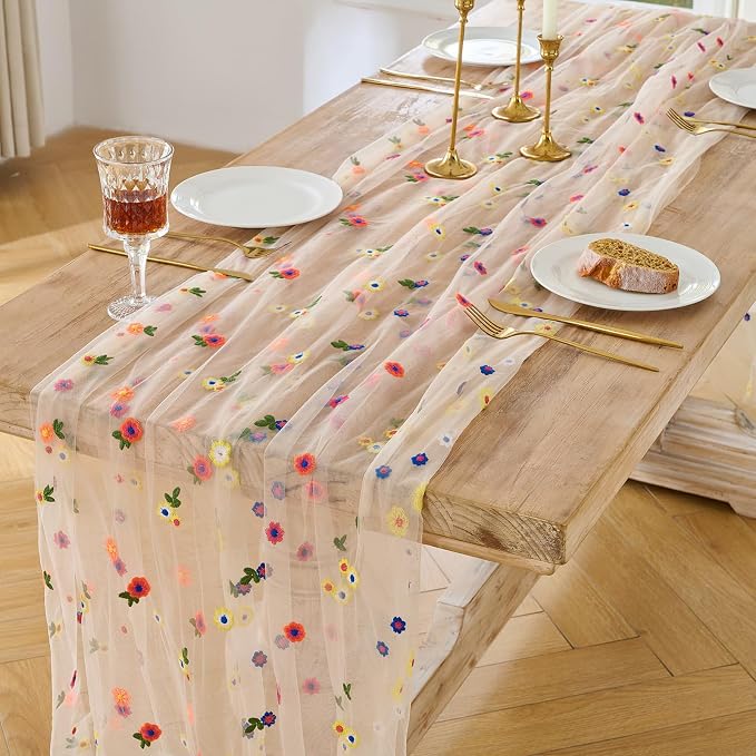 BINBE 3pcs Champagne Daisy Spring Table Runner Embroidery Gauze 10FT Florals - Image 2