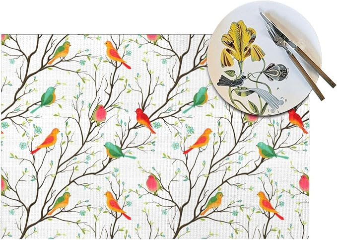 Birds on Tree Placemats Set of 4 Linen Decorative Table Mat - Image 5