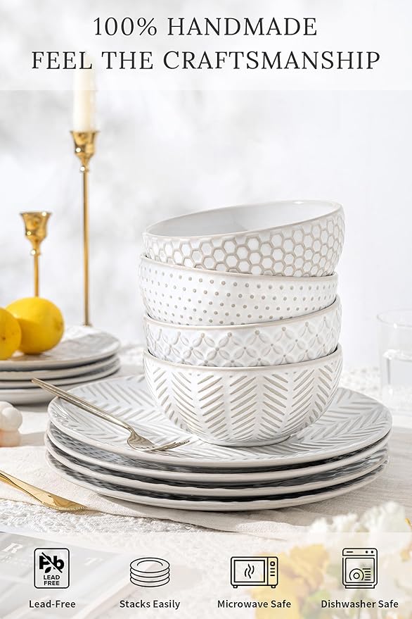 FOBENTA 18-Piece Embossed Ceramic Dinnerware Set–6 Dinner Plates, 6 Salad Plates - Image 3