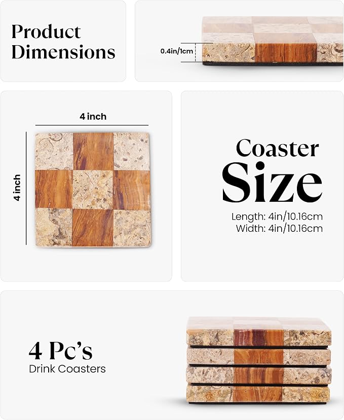 Marble Coasters Set of 4, Coral & Red Handmade 4 inch Square Natural Marble - Image 5